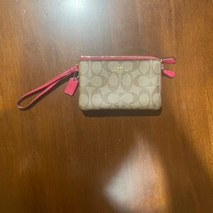 Coach Signature Canvas Wristlet with Pink Trim